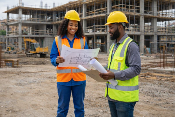 Construction site supervision team on steel structure project - Project Management example